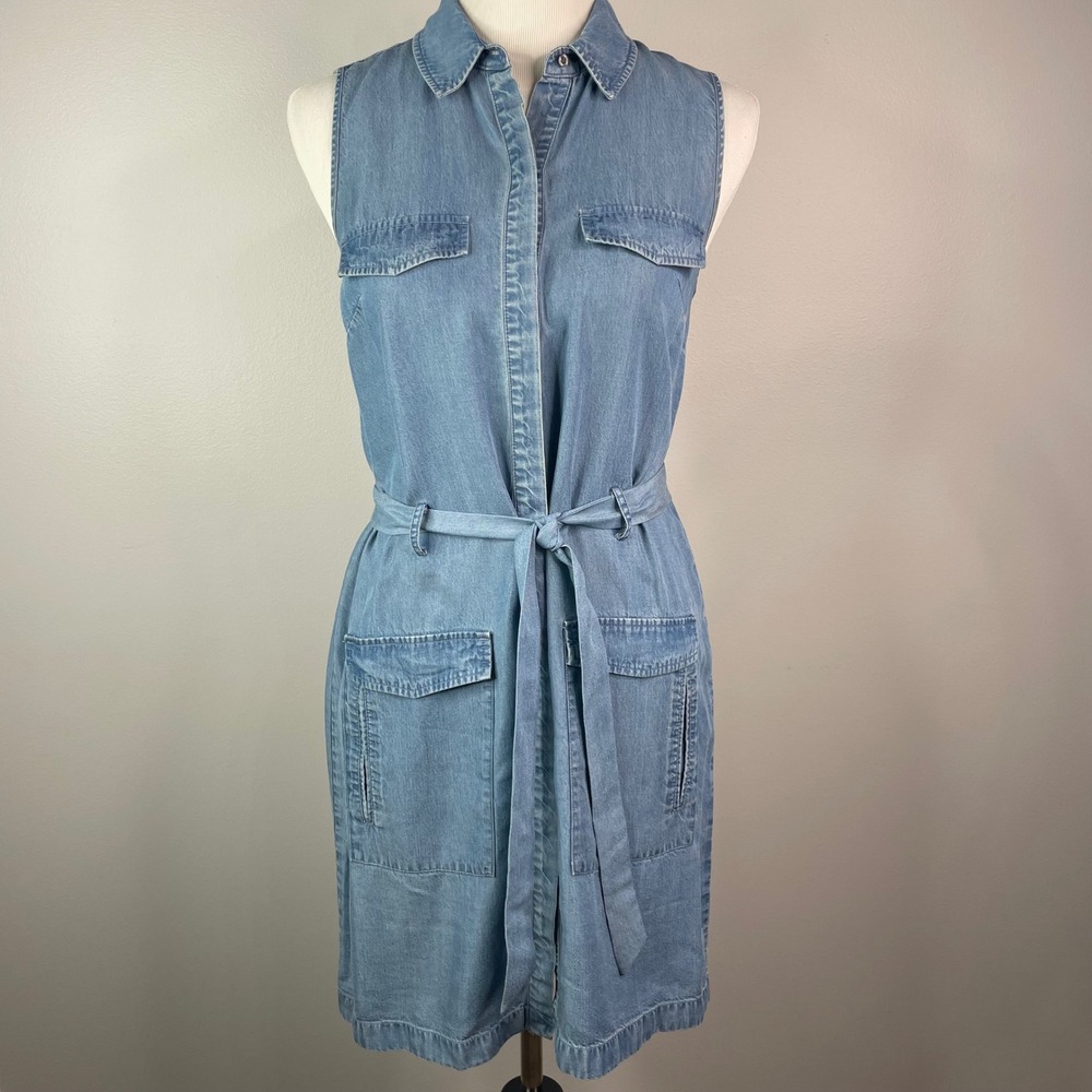 CeCe by Cynthia Steffe Blue Tencel Sleeveless Belted Utility Shirt Dress Size 4